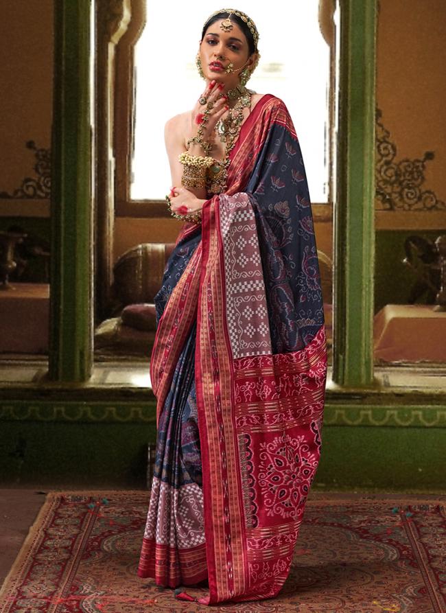 Silk Blue Casual Wear Printed Saree